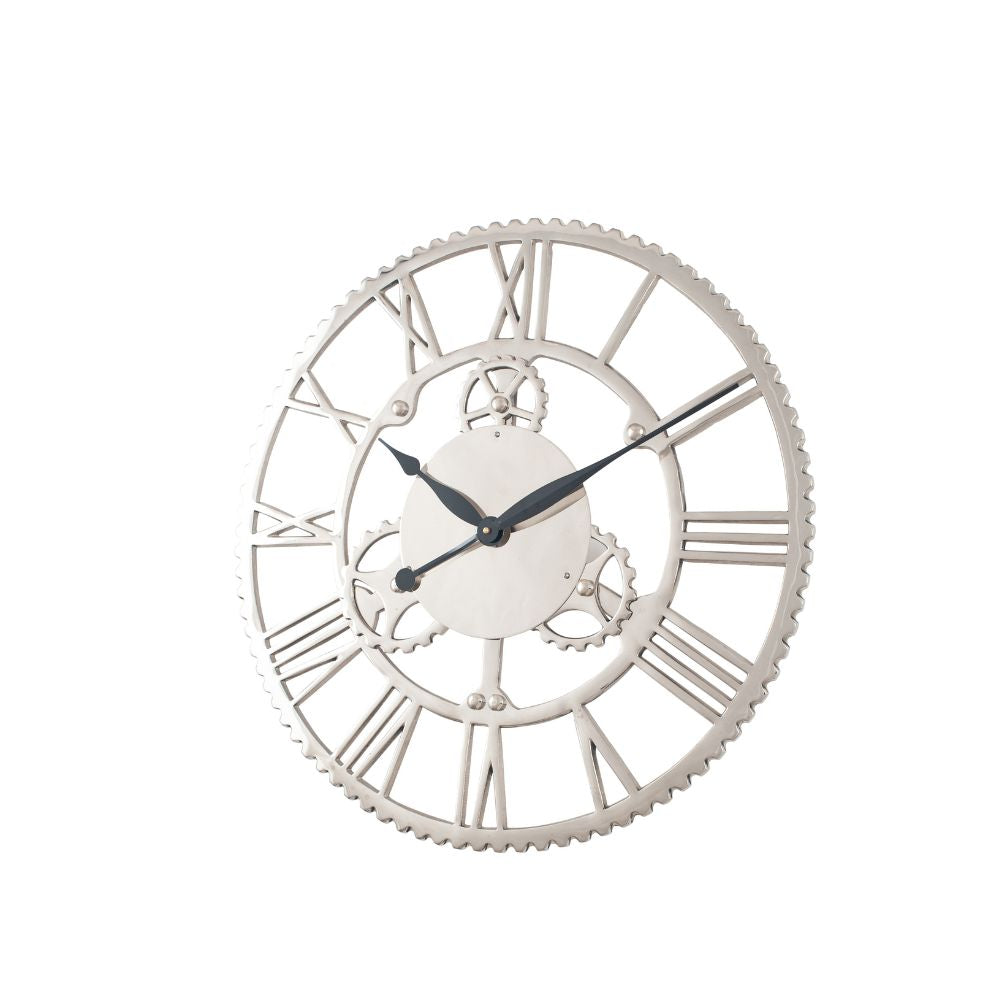Metal Silver Cog Design Round Large Wall Clock
