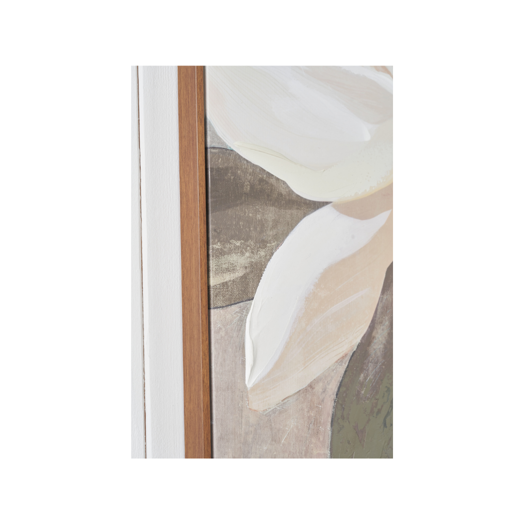 White and Natural Floral Canvas with Oak Effect Frame