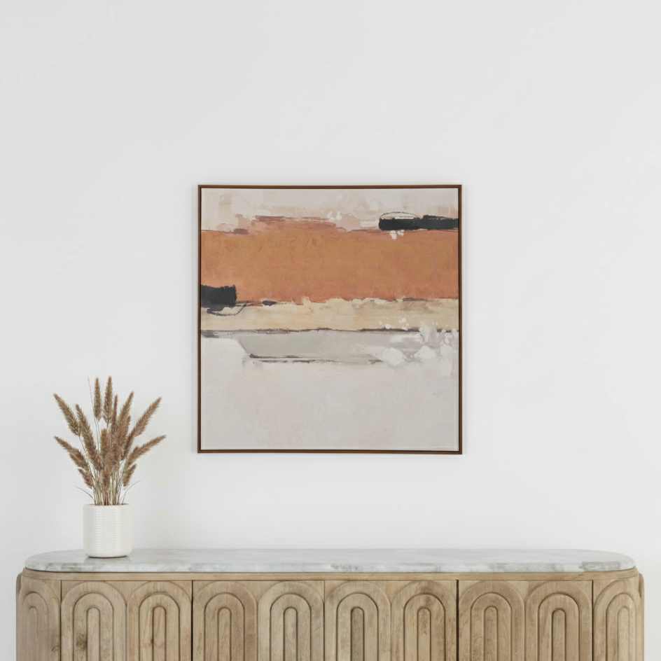 Abstract Square Canvas White and Terracotta with Oak Effect Frame