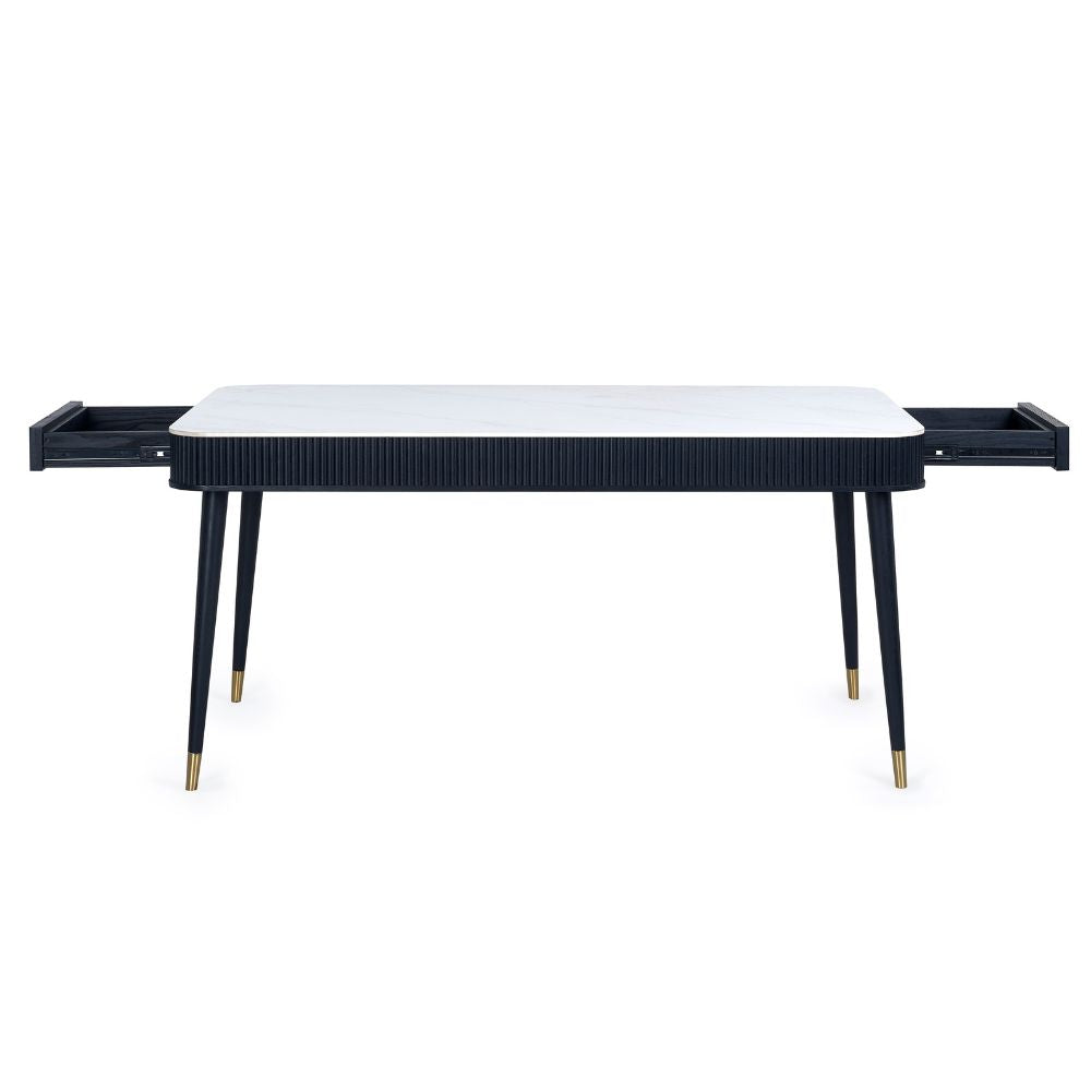 Louis Fluted 1.9m Stone Top Dining Table With Drawers Black