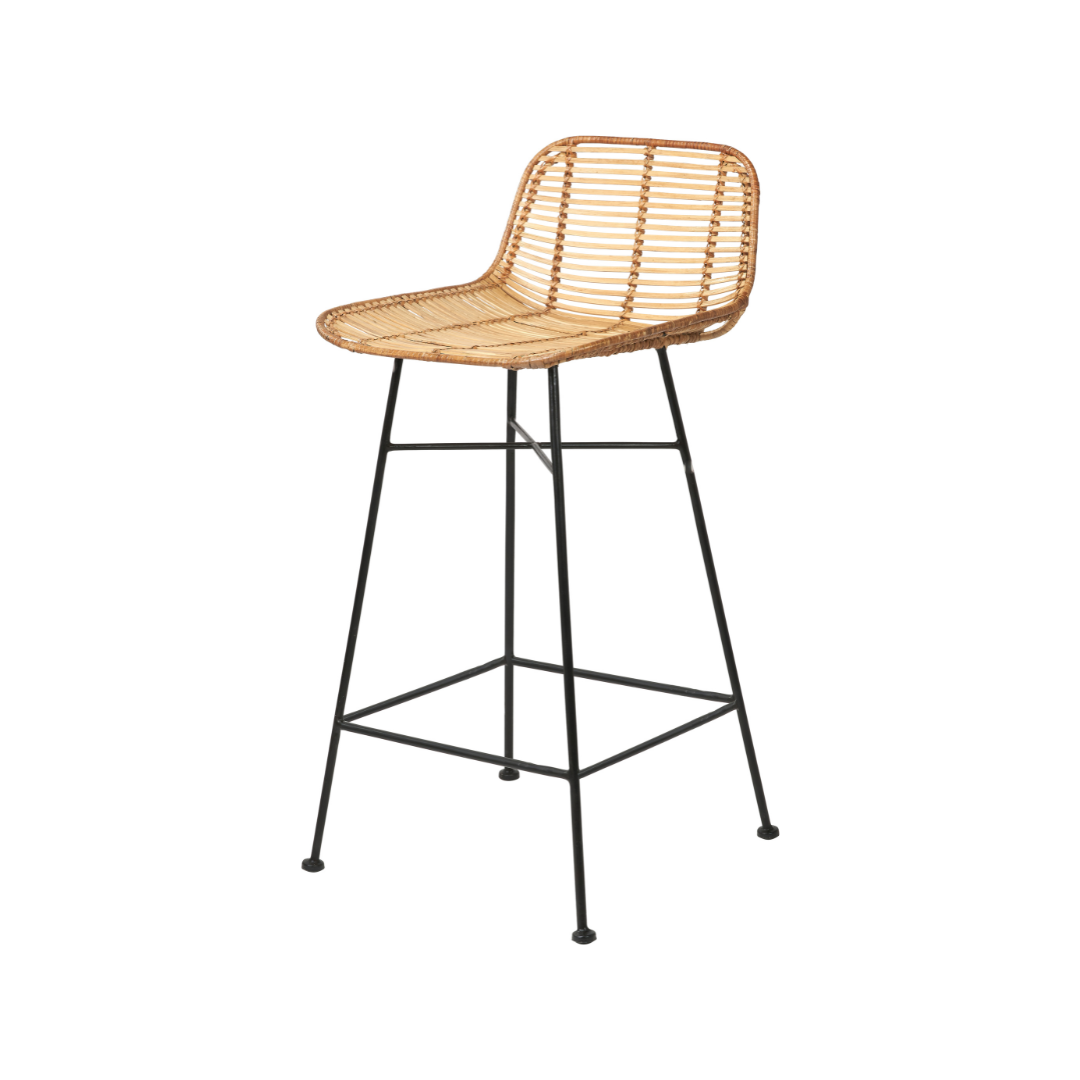 Rattan Core and Black Metal Bar Stool