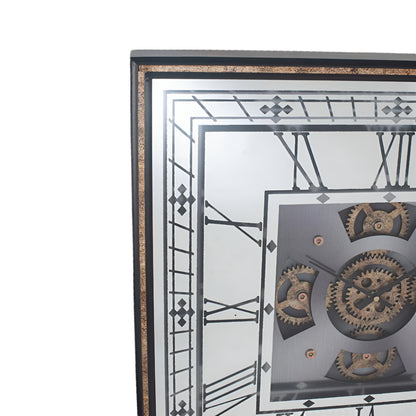 Wood and Mirror Antique Gold Working Cog Square Wall Clock