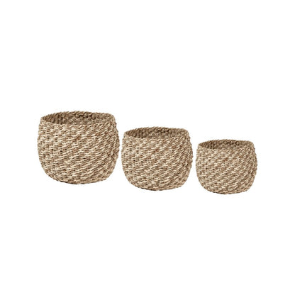 Seagrass and Palm Leaf 2-Tone Natural Plaited Round Baskets (Set of 3)