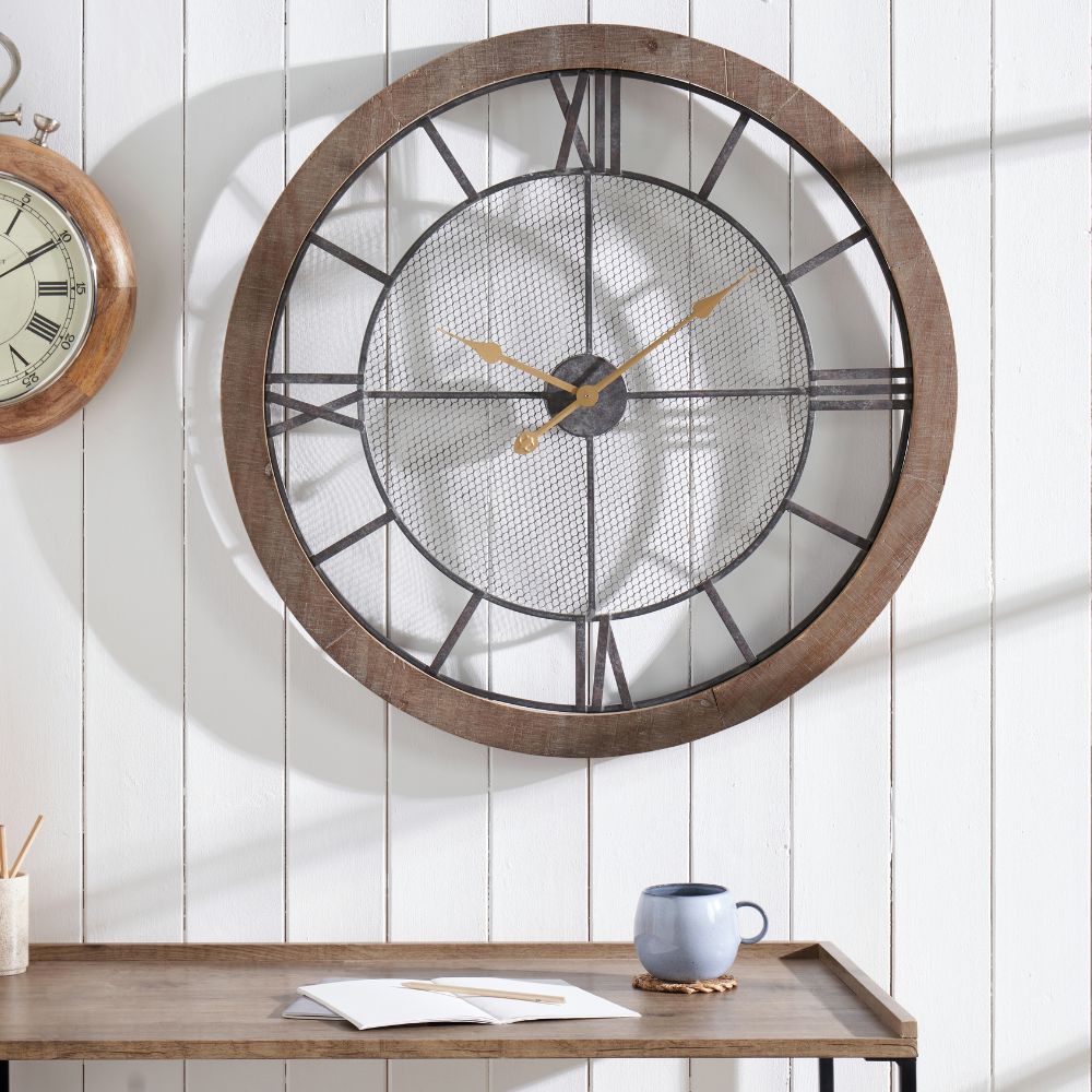 Natural Wood and Black Metal Mesh Round Wall Clock