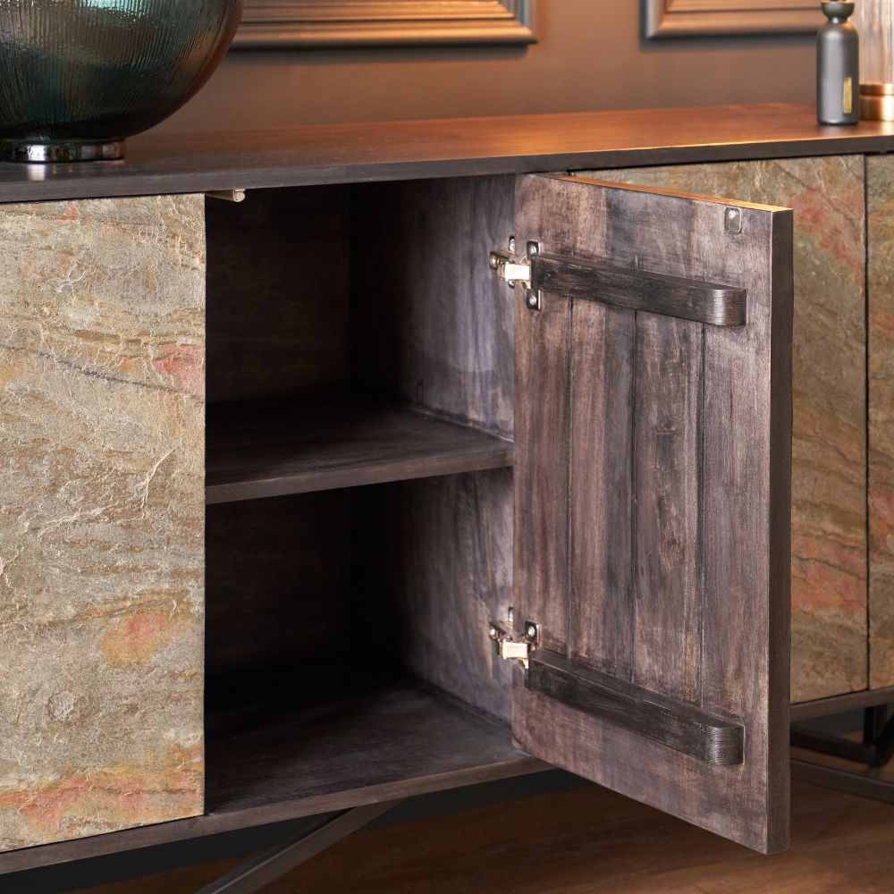 Verde Black Mango Wood and Stone Veneer 4 door Sideboard
