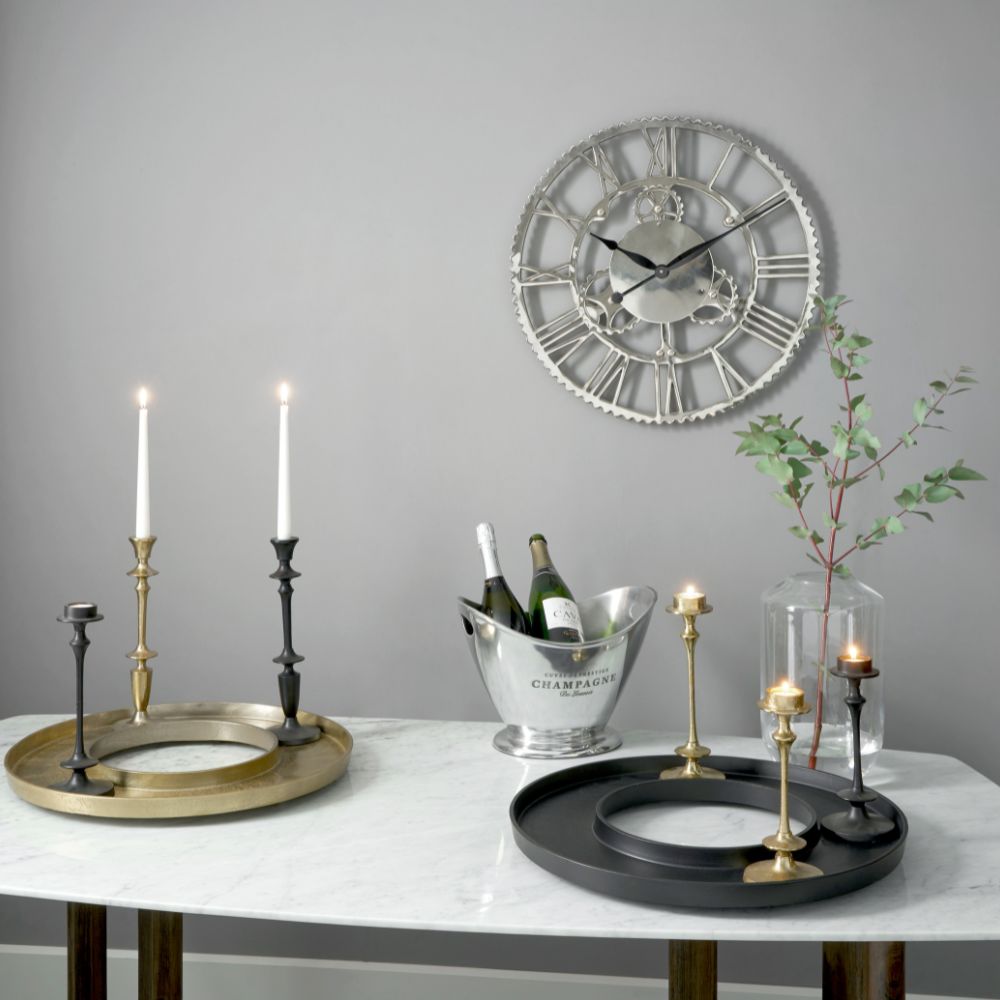 Metal Silver Cog Design Round Large Wall Clock