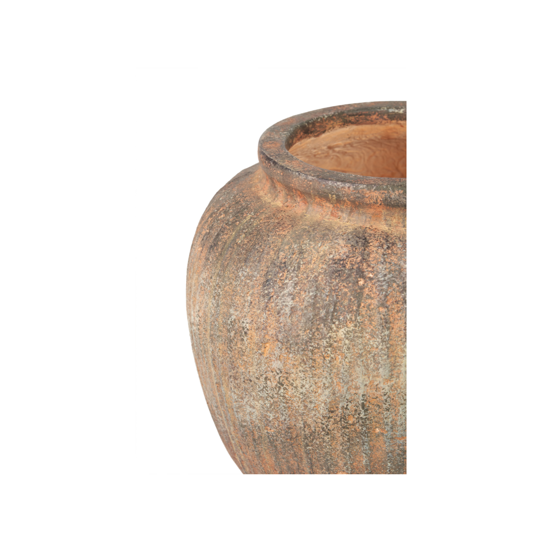 Rustic Brown Fibrestone Vertical Ribbed Decorative Vase Round