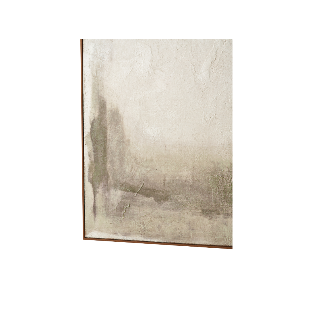 Green and Natural Abstract Square Hessian Canvas with Oak Effect Frame
