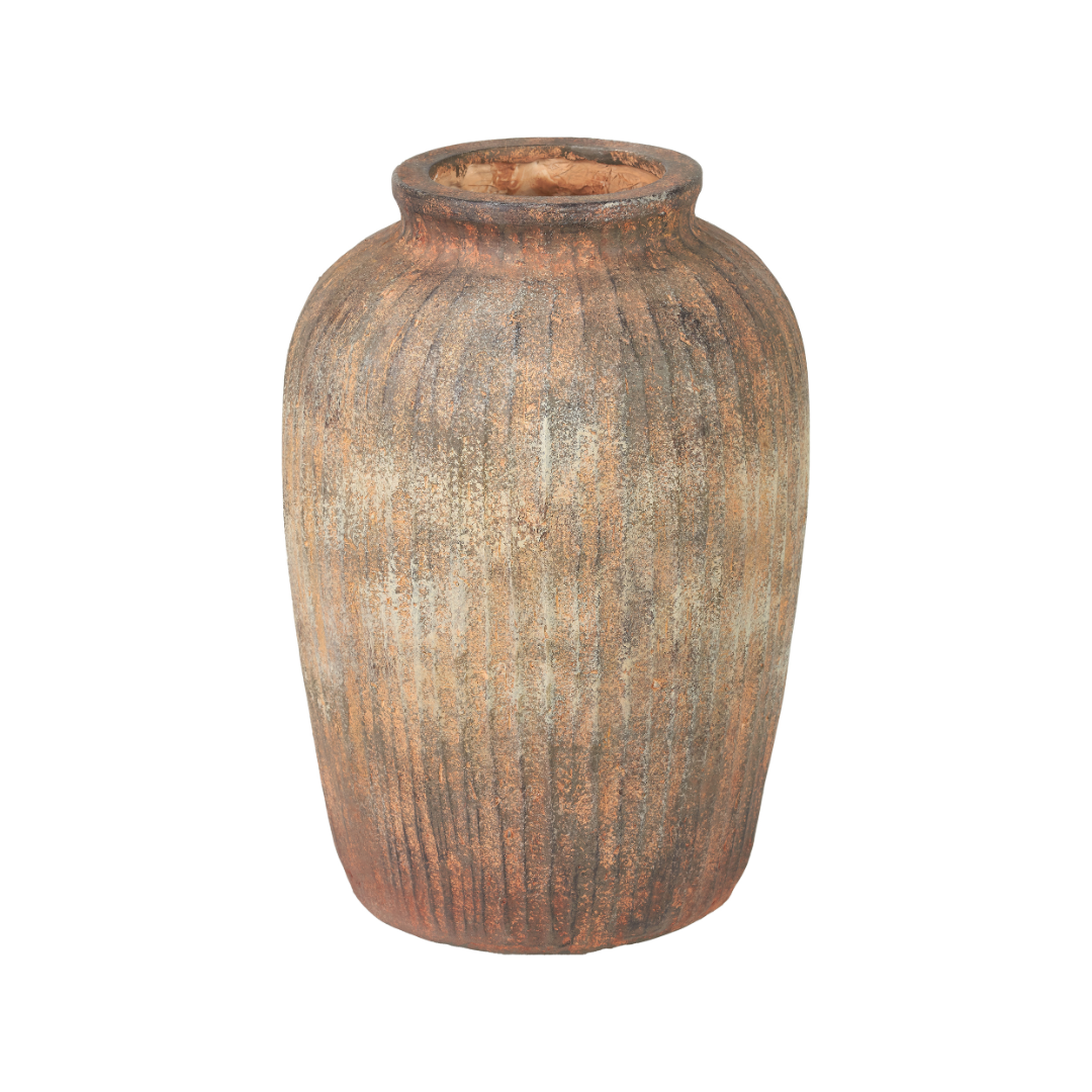 Rustic Brown Fibrestone Vertical Ribbed Decorative Vase Tall