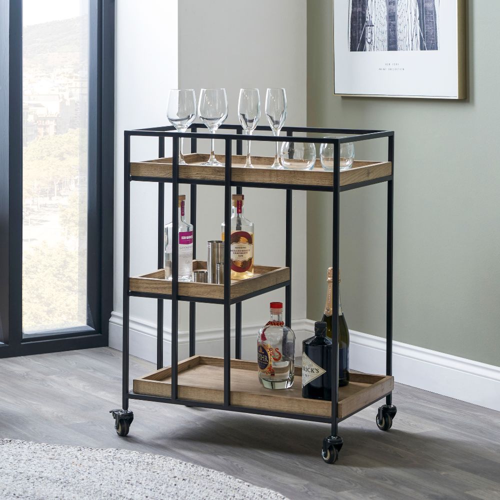 Gallery Natural Wood Veneer and Black Metal Caddy