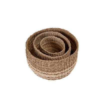 Seagrass and Palm Leaf 2-Tone Natural Round Baskets (Set of 3)