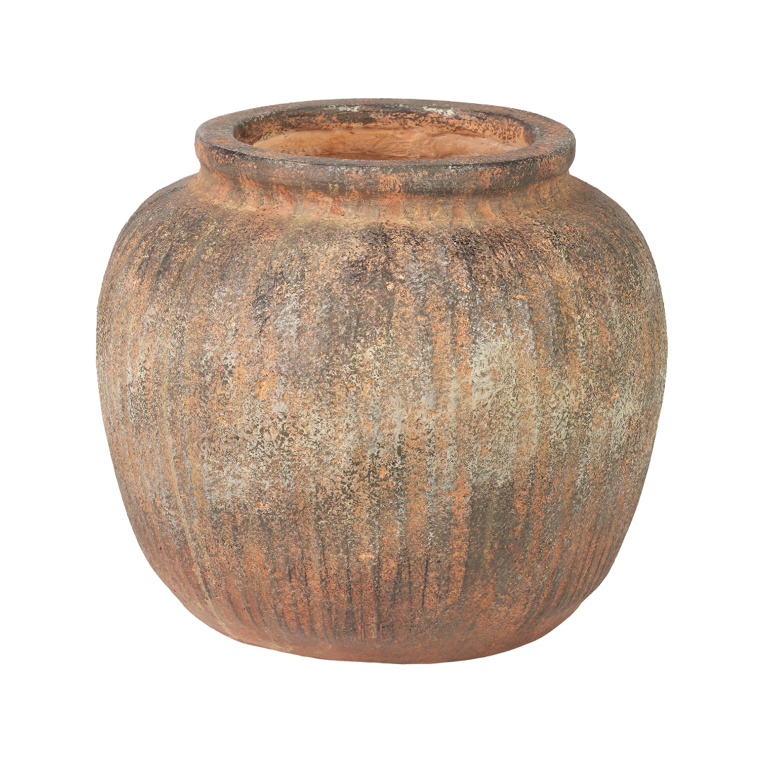 Rustic Brown Fibrestone Vertical Ribbed Decorative Vase Round