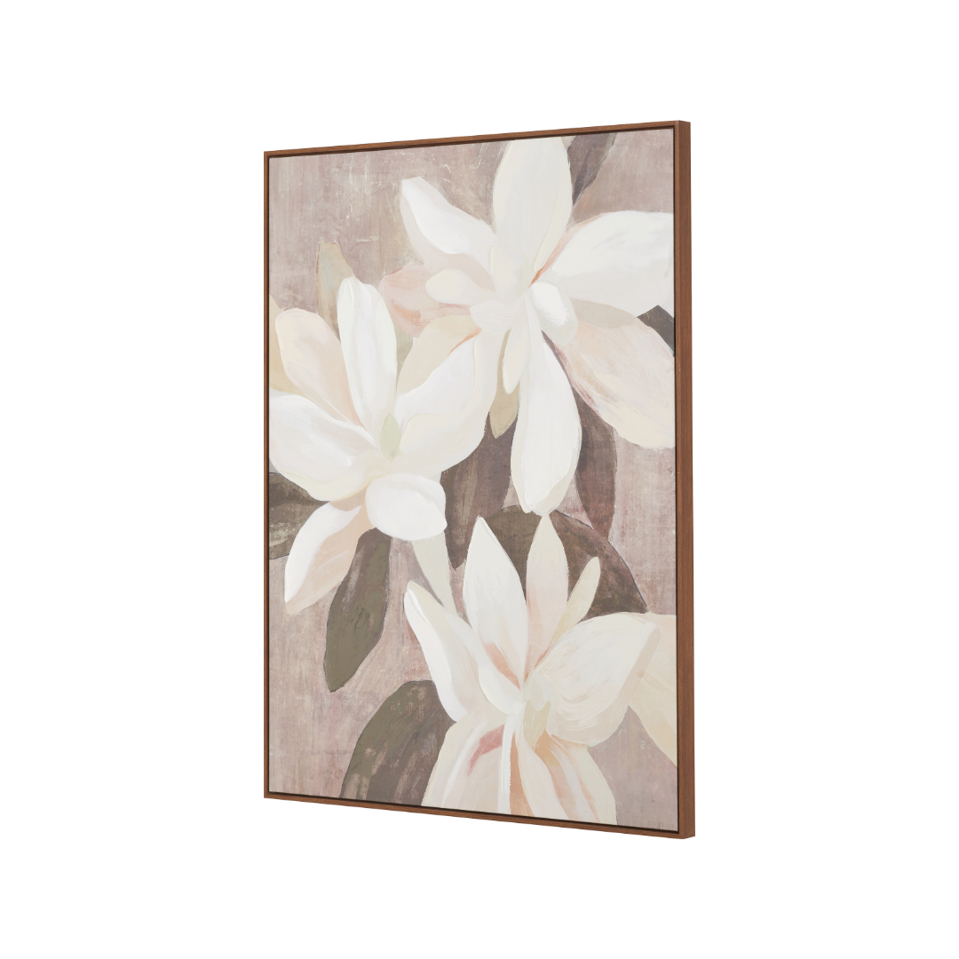 White and Natural Floral Canvas with Oak Effect Frame