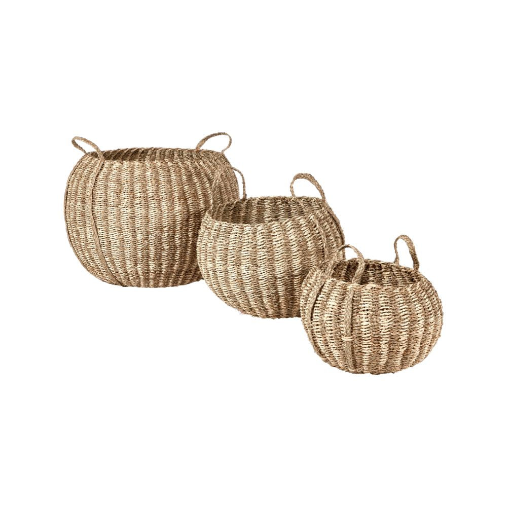 Seagrass and Palm Leaf Natural Striped Round Baskets (Set of 3)