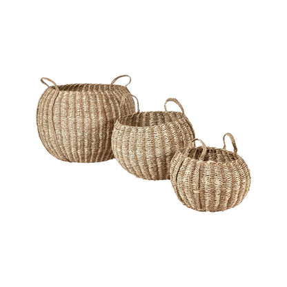 Seagrass and Palm Leaf Natural Striped Round Baskets (Set of 3)