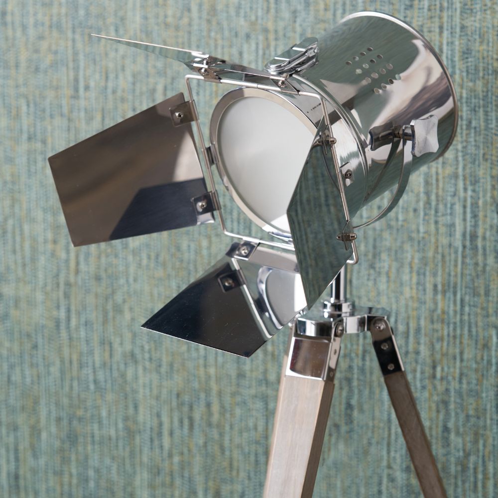 Hereford Grey Wood and Silver Metal Film Tripod Table Lamp