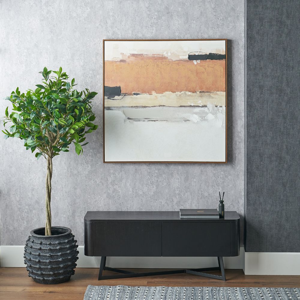 Abstract Square Canvas White and Terracotta with Oak Effect Frame