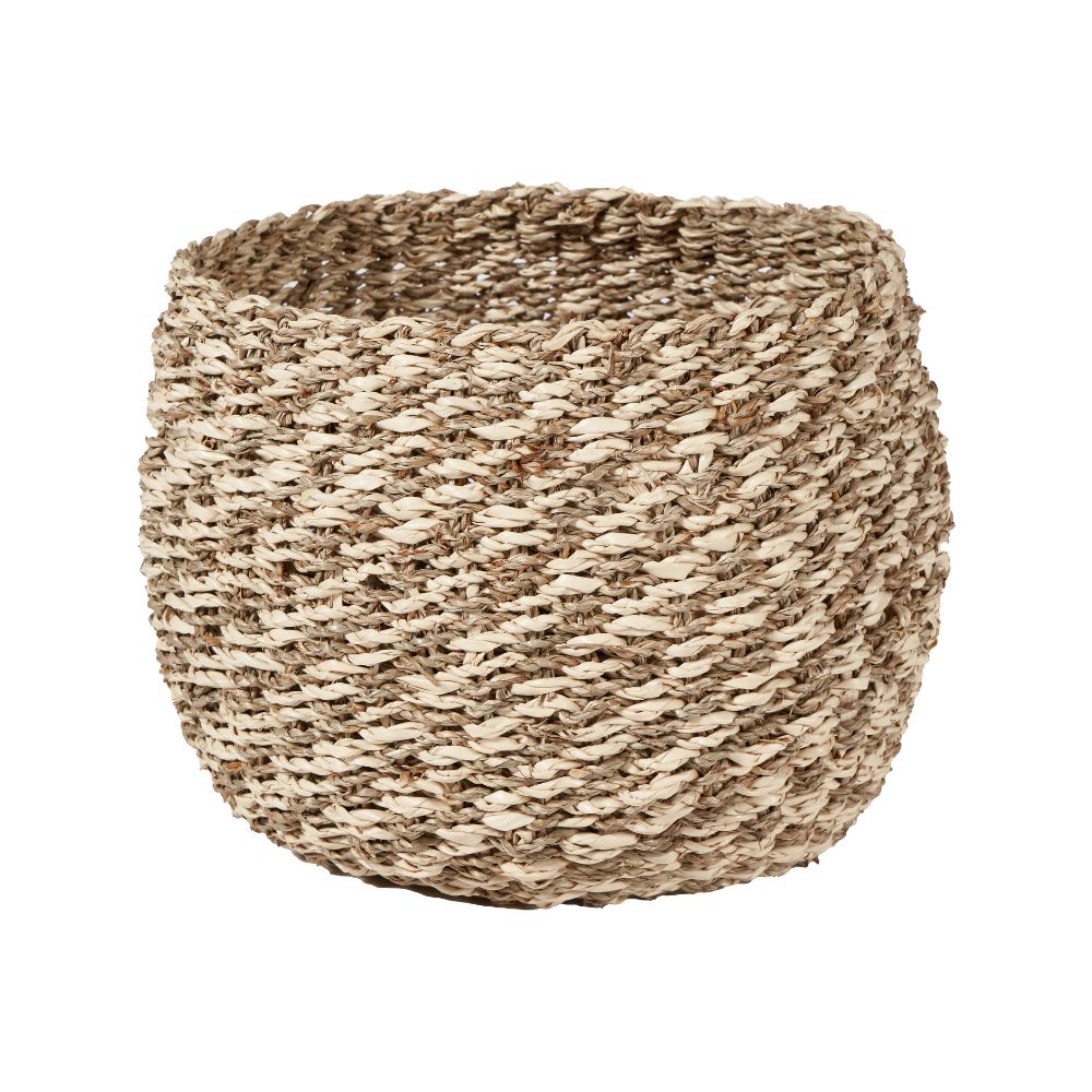 Seagrass and Palm Leaf 2-Tone Natural Plaited Round Baskets (Set of 3)