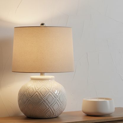 Squat White Beaded Ceramic Table Lamp