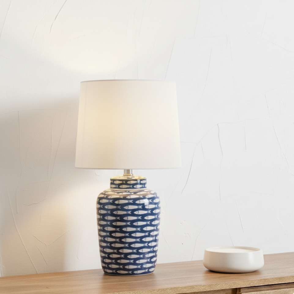Ceramic Schoal Blue and White Fish Detail Table Lamp