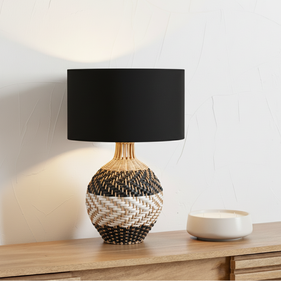 Rowan Rattan Natural Black and White Woven Table Lamp