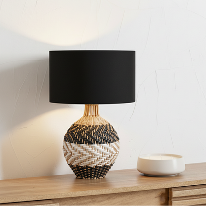 Rowan Rattan Natural Black and White Woven Table Lamp