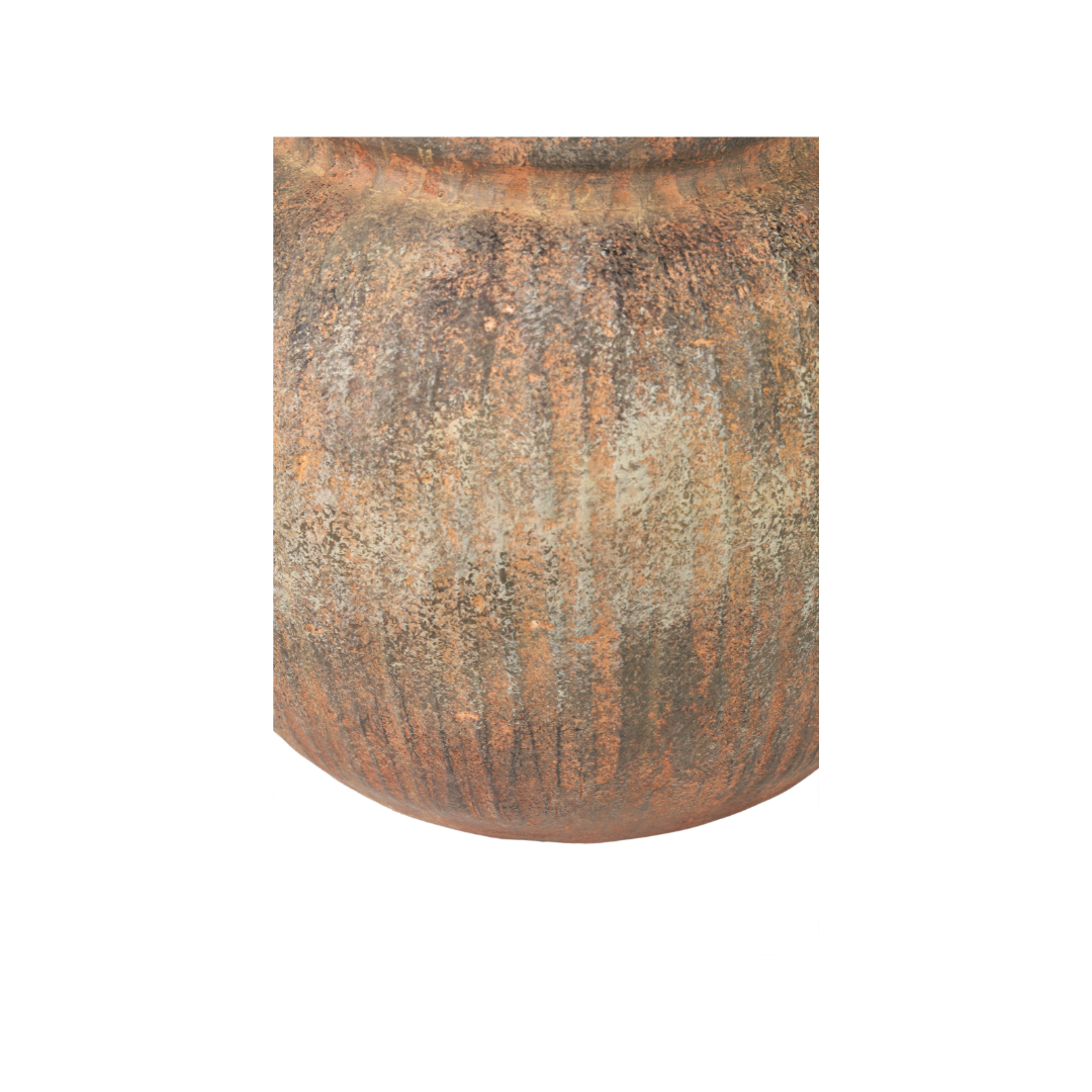 Rustic Brown Fibrestone Vertical Ribbed Decorative Vase Round