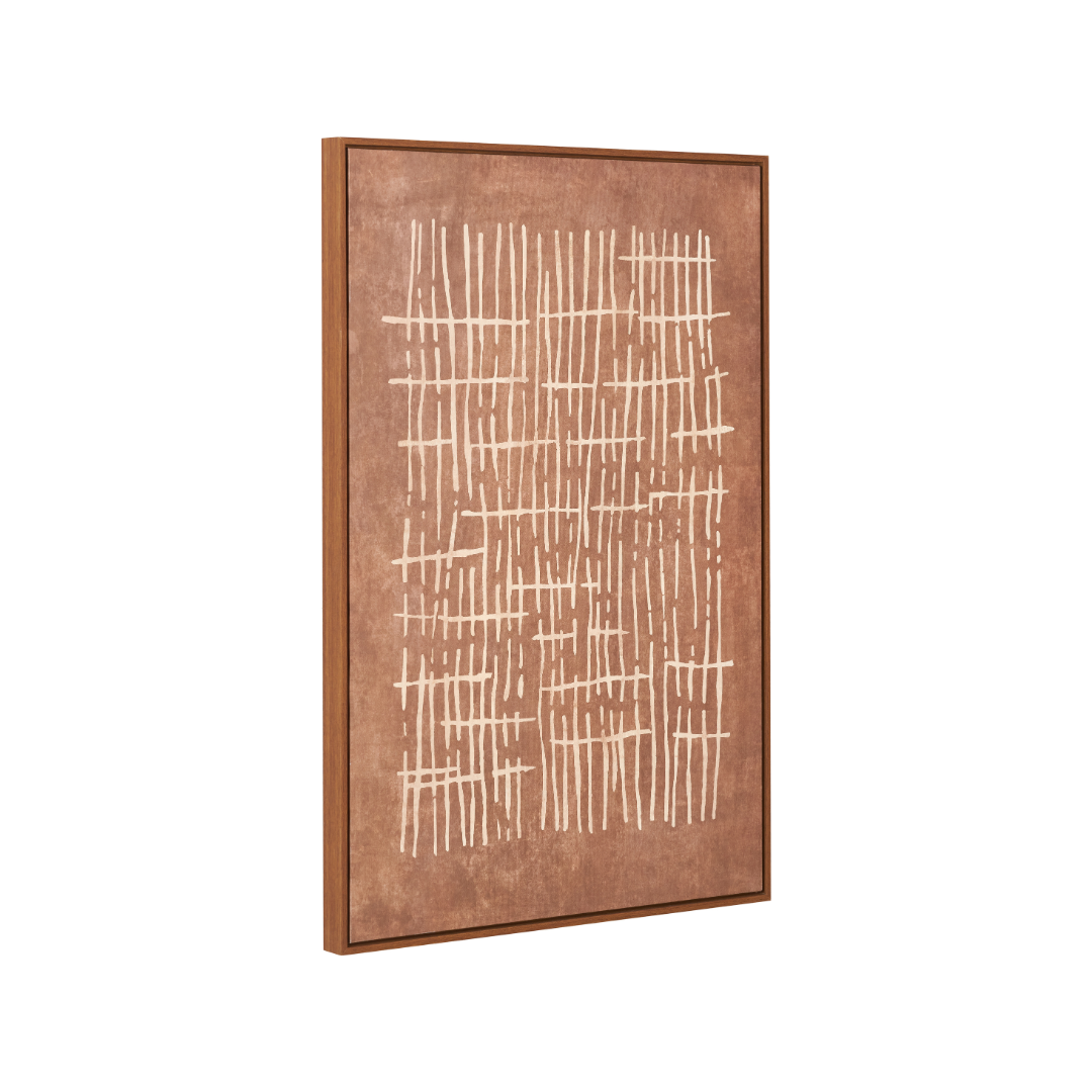 Brown and Natural Abstract Linear Design Canvas with Oak Effect Frame