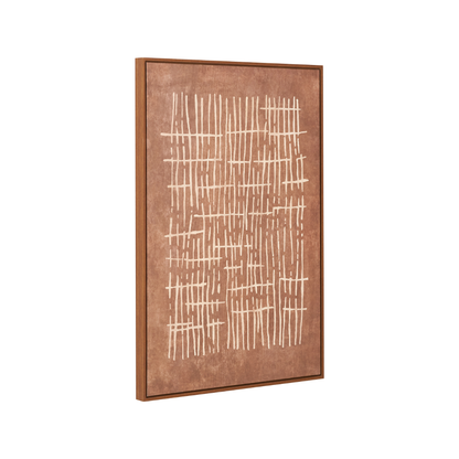 Brown and Natural Abstract Linear Design Canvas with Oak Effect Frame