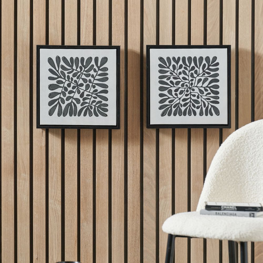 Square Canvases Black Leaf Print with Black Frames (Set of 2)