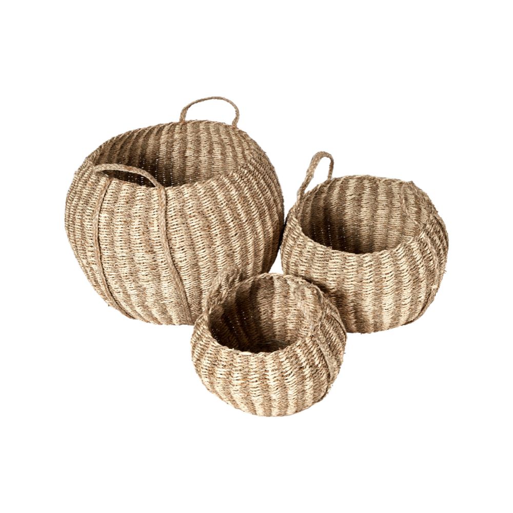 Seagrass and Palm Leaf Natural Striped Round Baskets (Set of 3)