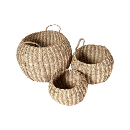 Seagrass and Palm Leaf Natural Striped Round Baskets (Set of 3)