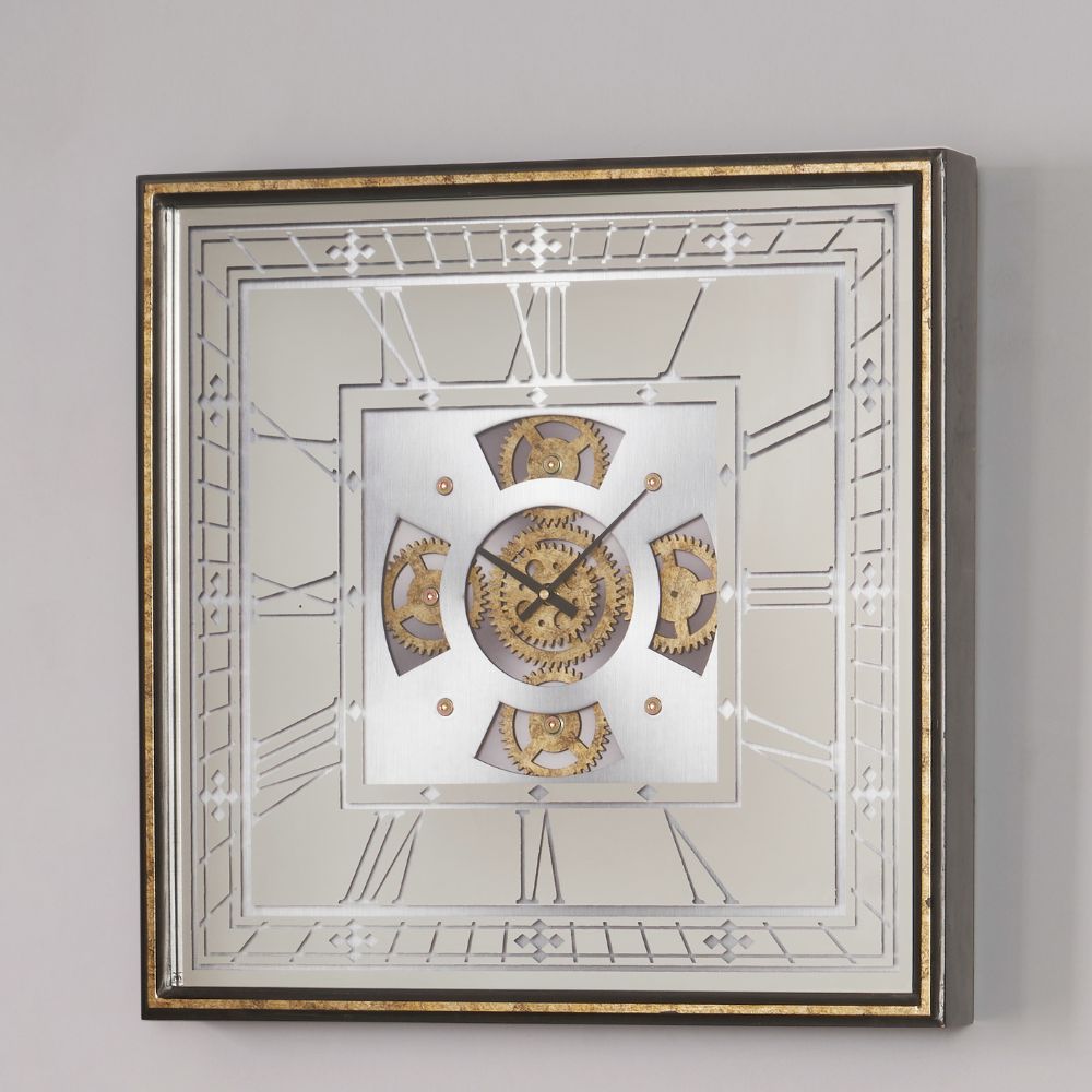 Wood and Mirror Antique Gold Working Cog Square Wall Clock