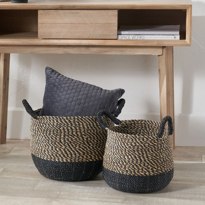 Seagrass Natural and Black Round Handled Baskets (Set of 2)