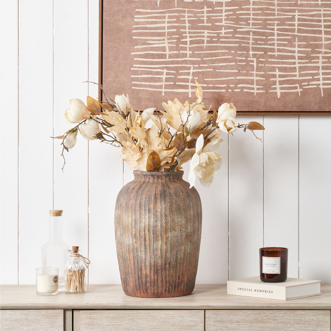 Rustic Brown Fibrestone Vertical Ribbed Decorative Vase Tall