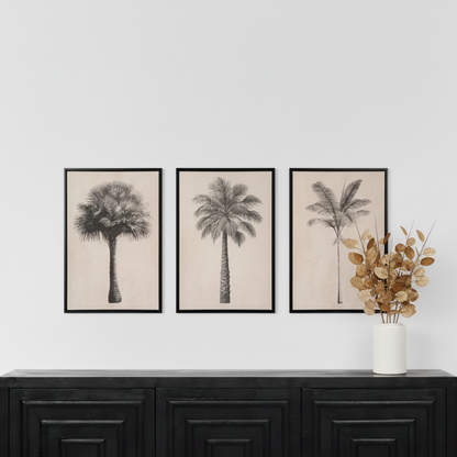 Canvases Natural and Black Palm Tree Print with Black Frames (Set of 3)