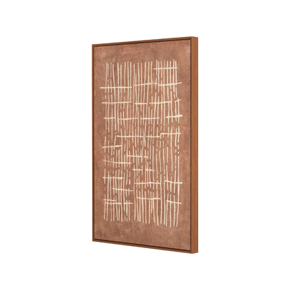 Brown and Natural Abstract Linear Design Canvas with Oak Effect Frame