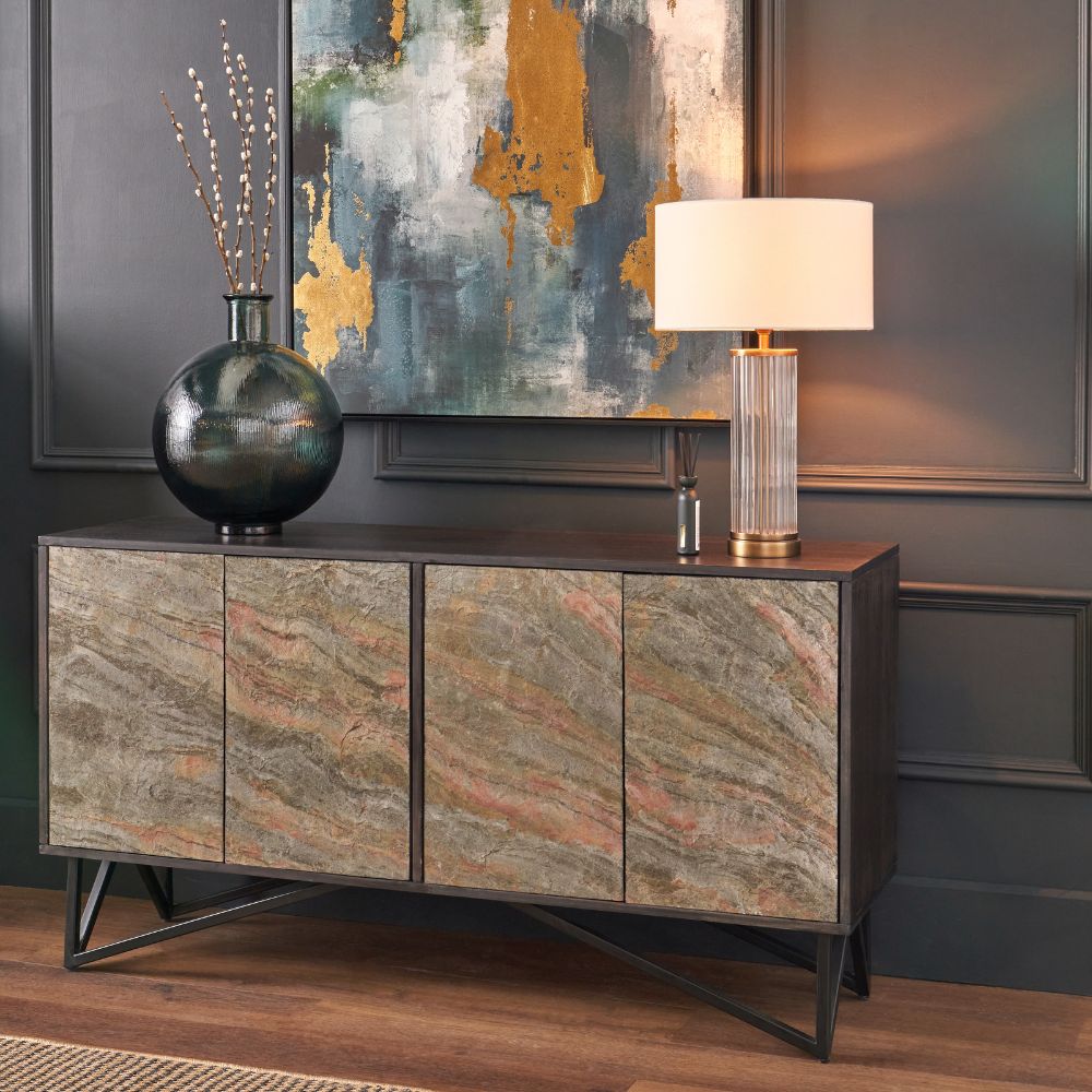 Verde Black Mango Wood and Stone Veneer 4 door Sideboard
