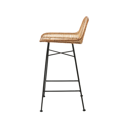 Rattan Core and Black Metal Bar Stool