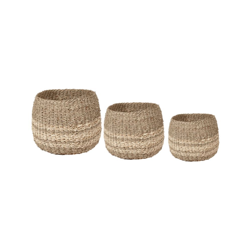 Seagrass and Palm Leaf 2-Tone Natural Round Baskets (Set of 3)