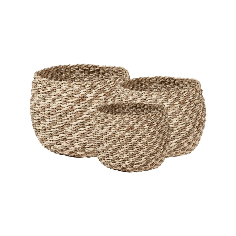 Seagrass and Palm Leaf 2-Tone Natural Plaited Round Baskets (Set of 3)