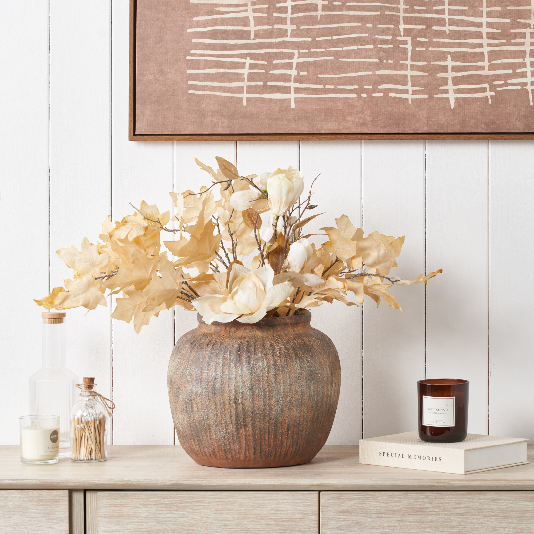 Rustic Brown Fibrestone Vertical Ribbed Decorative Vase Round