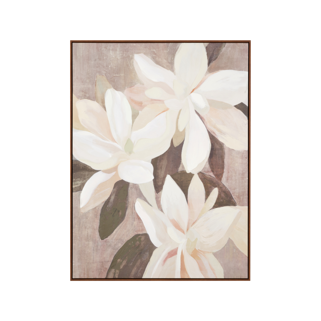 White and Natural Floral Canvas with Oak Effect Frame