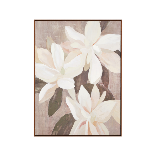 White and Natural Floral Canvas with Oak Effect Frame