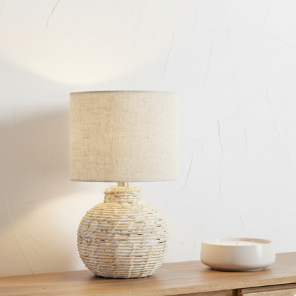White Wash Small Bulbous Wicker Table Lamp