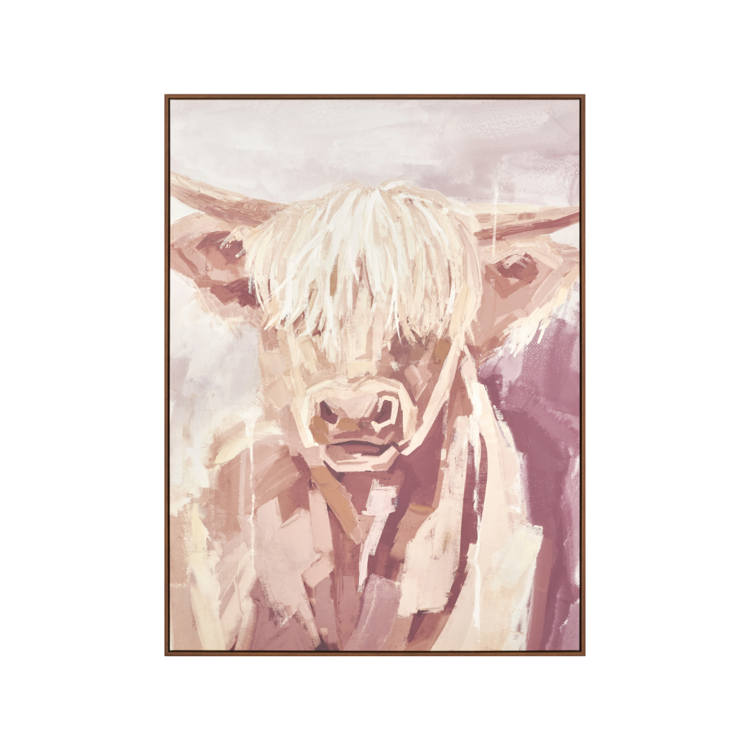 Mulberry and Naturals Highland Cow Canvas with Oak Effect Frame
