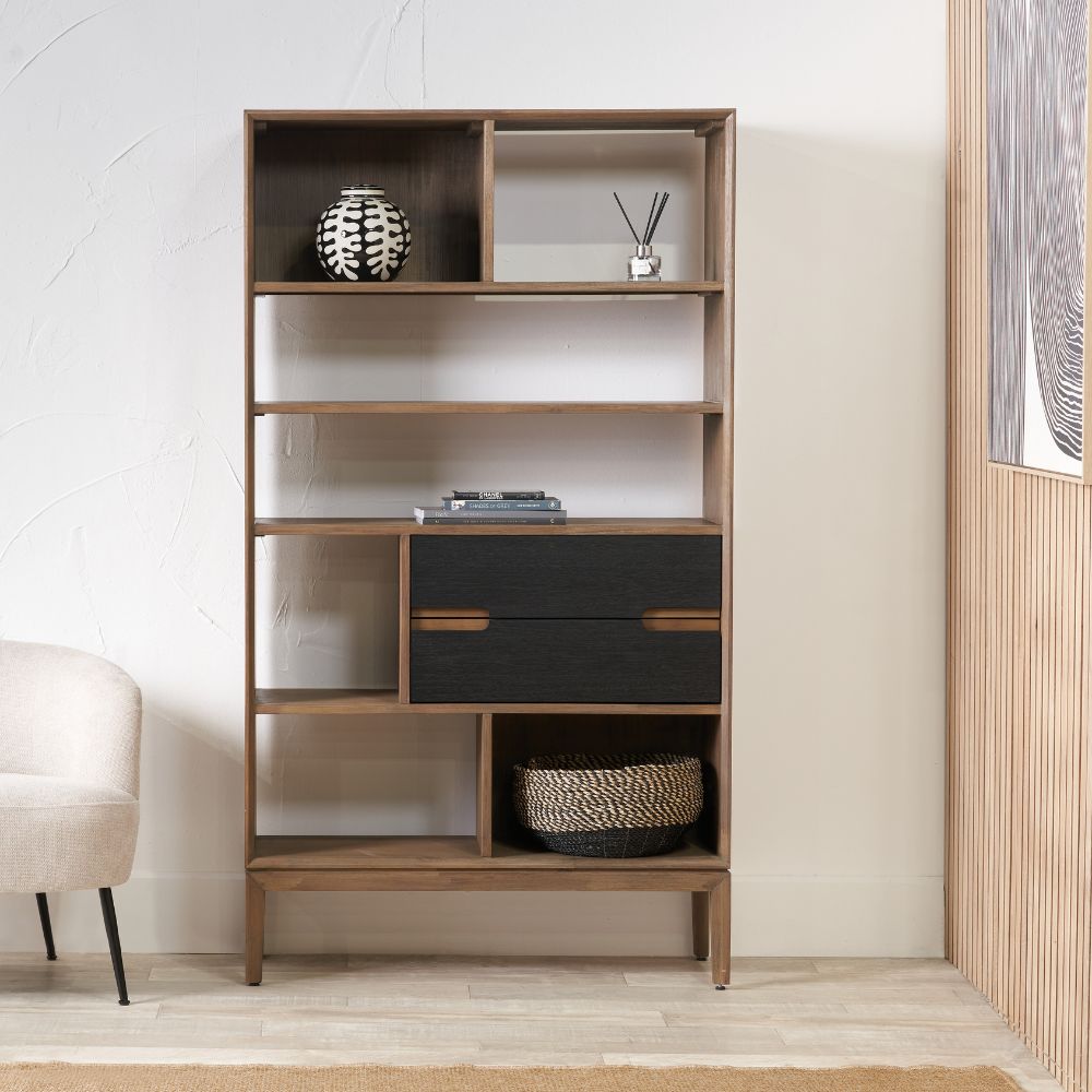 Gio Acacia Wood 2 Drawer 7 Niche Display Cabinet