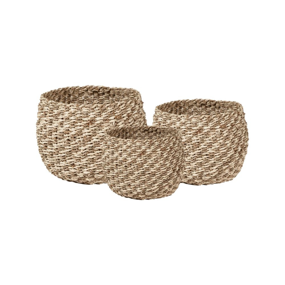 Seagrass and Palm Leaf 2-Tone Natural Plaited Round Baskets (Set of 3)