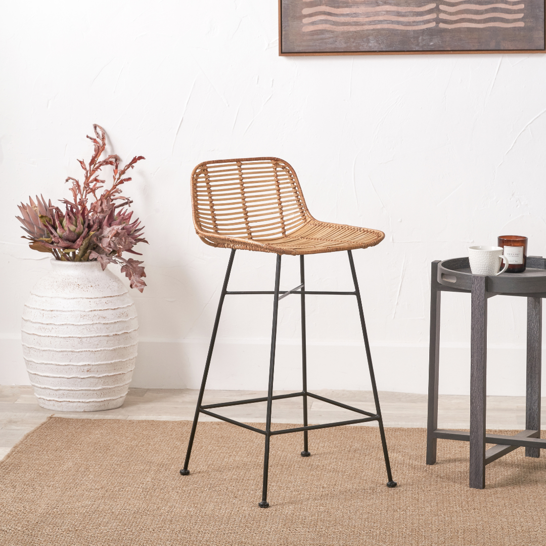 Rattan Core and Black Metal Bar Stool