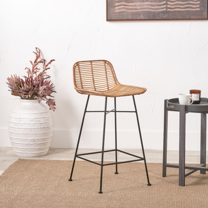 Rattan Core and Black Metal Bar Stool
